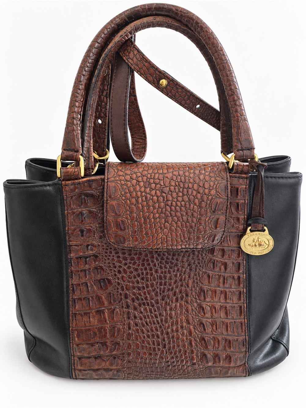 Brahmin Brown Croc Embossed & Black Leather Handbag